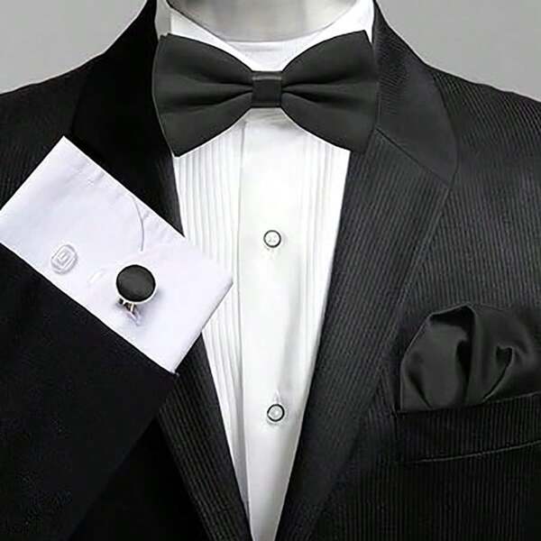 Conjunto de corbata de moño anudada previamente y pañuelo de bolsillo con gemelos de unicolor para baile de graduación, recepción de boda, novio/padrino, banquete, ceremonia, reunión formal, fiesta casual, momento importante