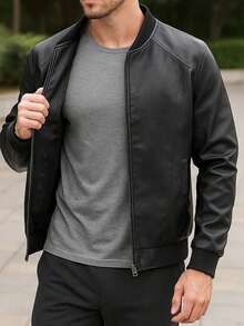 1pc Men's Baseball Collar PU Leather Jacket, With Zipper Pockets, Outdoor Motorcycle Style, Thickened Spring/Autumn Motorcycle Jacket For Men,Fleece - Black - View 14