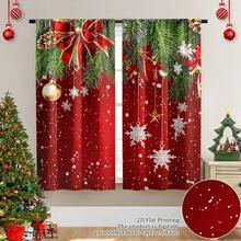 ستارتان لنافذة عيد الميلاد - مزينتان بنقوش أشجار صنوبر خضراء وحمراء، مزينتان بنجوم وفيونكات ذهبية وثلوج، مثالية للغرفة المعيشية والنوم والمطبخ والحمام. تتميز الستائر بتصميم جيب القضيب لحماية الخصوصية، خيار مثالي للغرفة المعيشية. - متعدد الألوان - مشاهدة 2