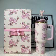 40 OZ New Fashionable Bow Ribbon Stainless Steel Insulated Cup, Large Capacity Insulated Cup, Travel Iced Coffee Cup, Summer Beverage Cup, Suitable For Hot And Cold Drinks. The New Large Capacity Stainless Steel 40oz Straw Cup Can Keep Hot And Cold Water Warm, Freeze Beverages, Has A Beautiful Appearance And Exquisite Craftsmanship, Suitable For Sports, Cycling, Gym, Camping, Work, And Indoor Use. - 粉色 - 查看 1