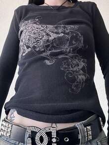 Women Y2k Fairy Grunge Shirts Vintage Gothic Tops Vintage Aesthetic Graphic Long Sleeve Tees 90s E Girls Emo Top Harajuku Clothes Streetwear - 黑色 - 查看 1