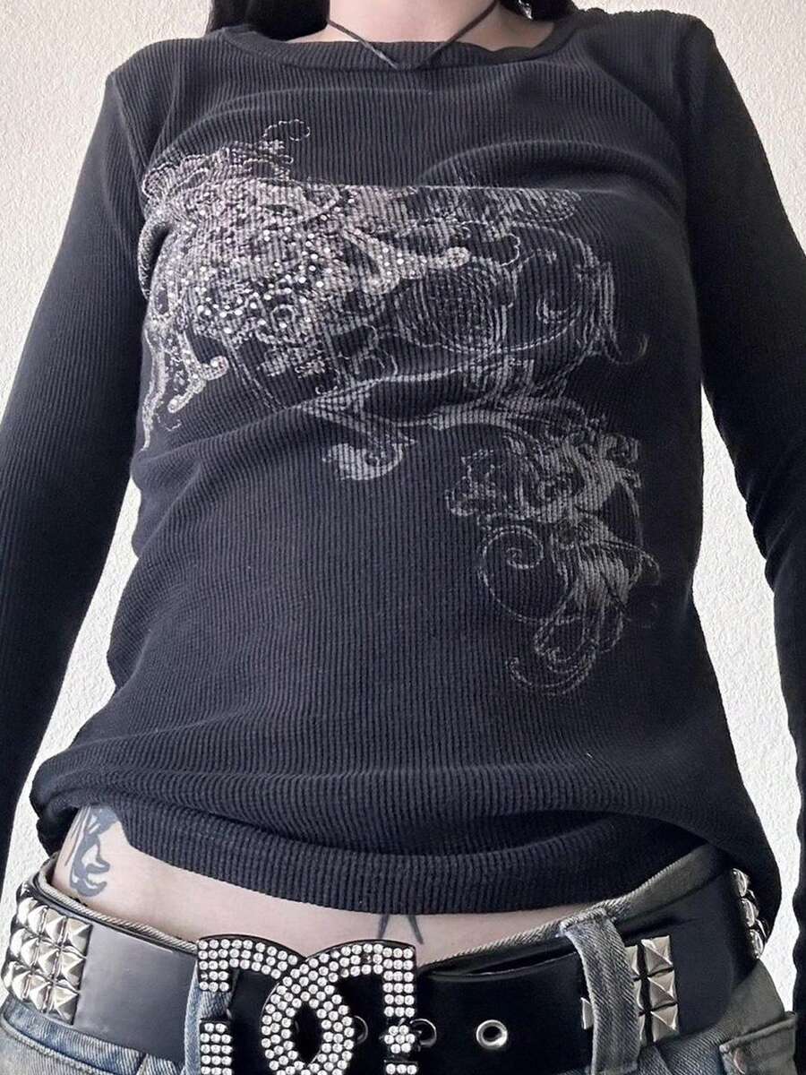 Women Y2k Fairy Grunge Shirts Vintage Gothic Tops Vintage Aesthetic Graphic Long Sleeve Tees 90s E Girls Emo Top Harajuku Clothes Streetwear - 黑色 - 查看 1