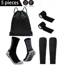 5pcs/Set Football Gear Set, Including Waterproof Drawstring Bag, Anti-Slip Football Socks, Leg Sleeves, Self-Adhesive Sports Bandage, High Leg Sleeves For Youth Sports Training