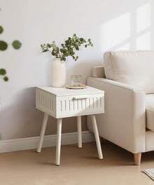 SUMGAR Nachttisch Weißer Beistelltisch mit Schublade Modern Nachtschrank kleines Bedside Table mit Beine aus Massivholzholz 30 cm Breit Nachtkästchen für Schlafzimmer Wohnzimmer Zimmer Deko