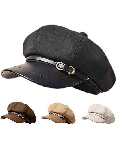 1 st. åttkantig hatt för damer, Bailey-stil, trendig och söt klänningshatt, höstkorallfärgad, enfärgat PU-läder