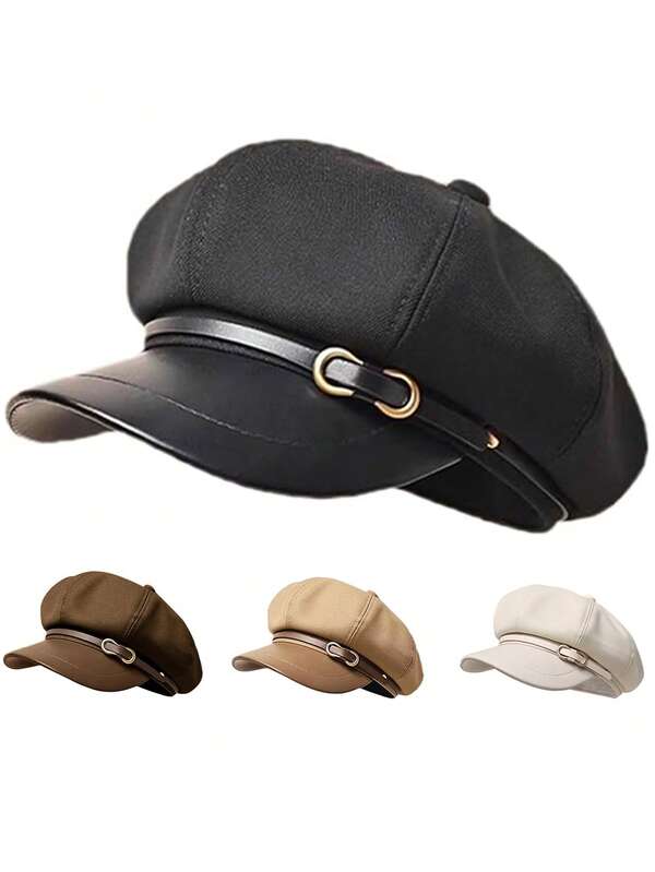 1pc Ladies' Octagonal Hat, Bailey Style, Fashionable & Cute Dress Hat, Autumn Coral Color, Solid Color PU Leather