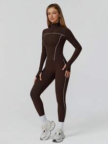 MASKERT 女士套装拼布外套女瑜伽服运动服健身服弹力拼布长裤紧身跑步服柔软舒适居家休闲 - 巧克力棕 - 查看 4
