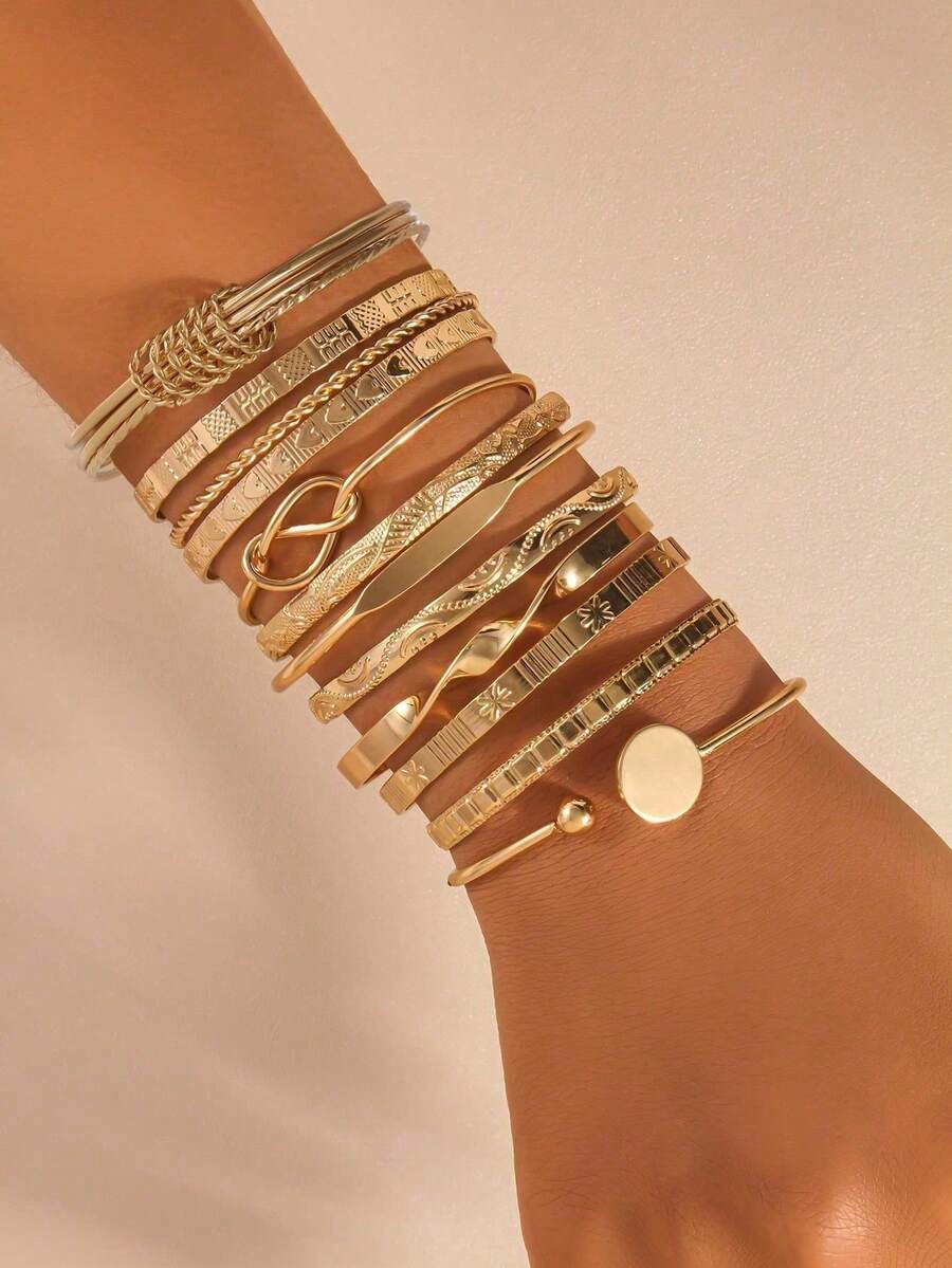 12pcs Set Fashionable Metal Heart Shaped Bangle Bracelet Set, Bohemian Adjustable Multi-Layer Wrist Cuff, Suitable For Daily Wear And Party, Ideal Gift For Friends And Family - Gold - View 1