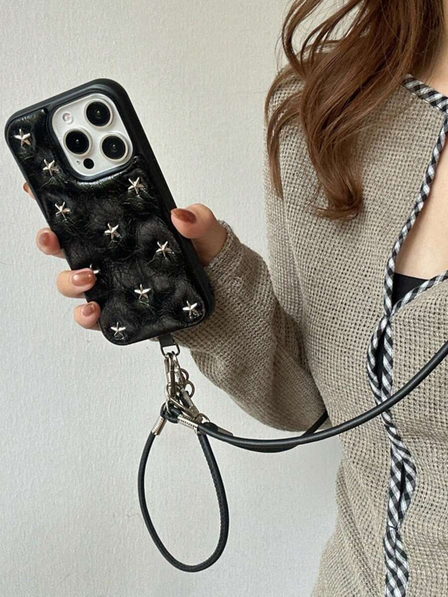 Étui de téléphone  noir premium 3D avec étoile argentée compatible avec l'iPhone 16 Pro Max, l'iPhone 15 nouvelle version 16 Pro avec dragonne, design minimaliste pour l'iPhone 14 Pro Max, l'iPhone 13, couverture complète