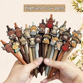 1/5/10pcs Cute Highland Cow Printed Pens Black Ink Retractable Highland Cow Pen Set Cartoon Highland Cow Gift Set School Home Office Stationery Theme Holiday Gifts Accessories Gifts For Colleagues