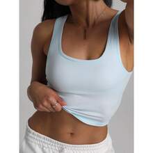 Women Rib Tank Top Padded Workout Top Square Neck Crop Tank Fitted Basic Cami Tops - Blue Ice - 查看 6