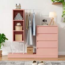 Chest Of Drawers, Wardrobe Set, Pink Wardrobe, Clothes Rail, Dimensions: L140/W40/H135, Pink - Pink - View 1