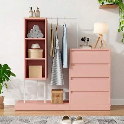 Chest Of Drawers, Wardrobe Set, Pink Wardrobe, Clothes Rail, Dimensions: L140/W40/H135, Pink