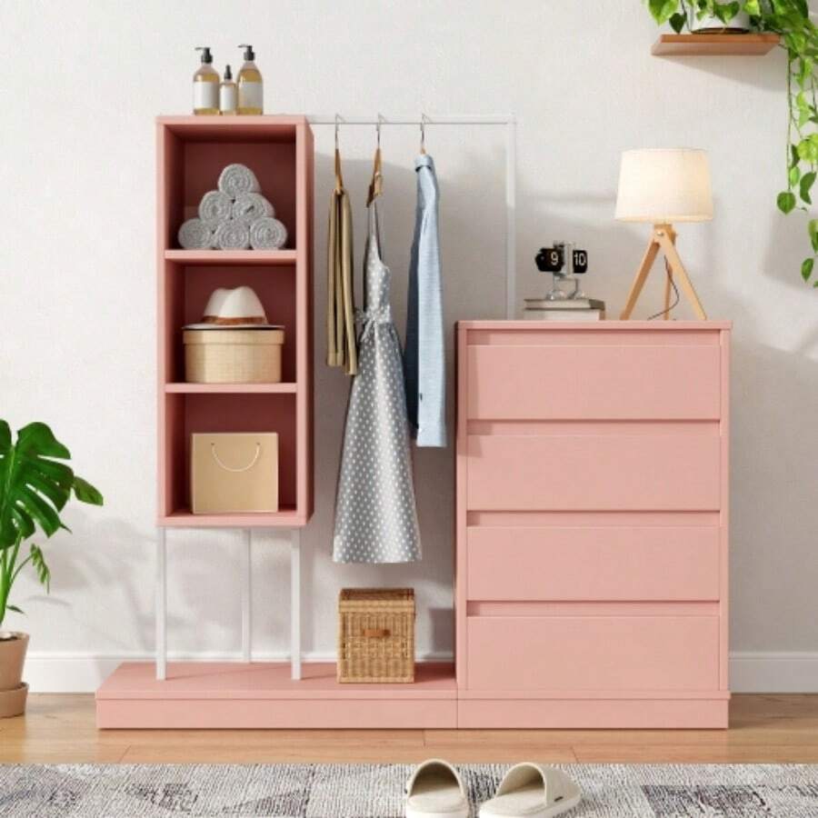 Chest Of Drawers, Wardrobe Set, Pink Wardrobe, Clothes Rail, Dimensions: L140/W40/H135, Pink - Pink - View 1