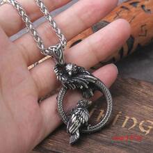 Nordic Mythology Odin & Raven Pendant Necklace - Zinc Alloy Viking Crow Design With Intricate Feather Detailing, Black Finish, Chain For Men, Casual Attire, Halloween, Thanksgiving, Father'S Day Gift, Viking Jewelry - 無盒子--多色 - 查看 5