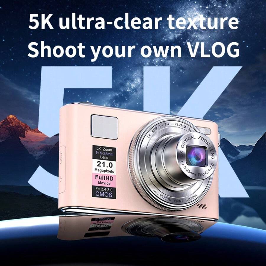 Cámara digital de 5K UHD y 64MP con lente retráctil, cámara para vlogging, zoom óptico 5X, pantalla de 3", enfoque automático y antivibración, cámara compacta de viaje para transmisión en vivo, tarjeta SD de 32GB y batería de 1200mAh, ideal para fotografía para principiantes, ajustes personalizables, excelente regalo para Navidad, Halloween, Acción de Gracias y cumpleaños