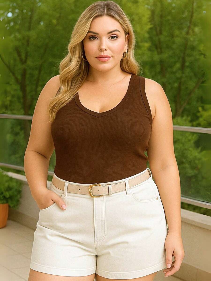 Women's Plus Size V-Neck Casual Ribbed Tank Top - 鏽棕色 - 查看 1