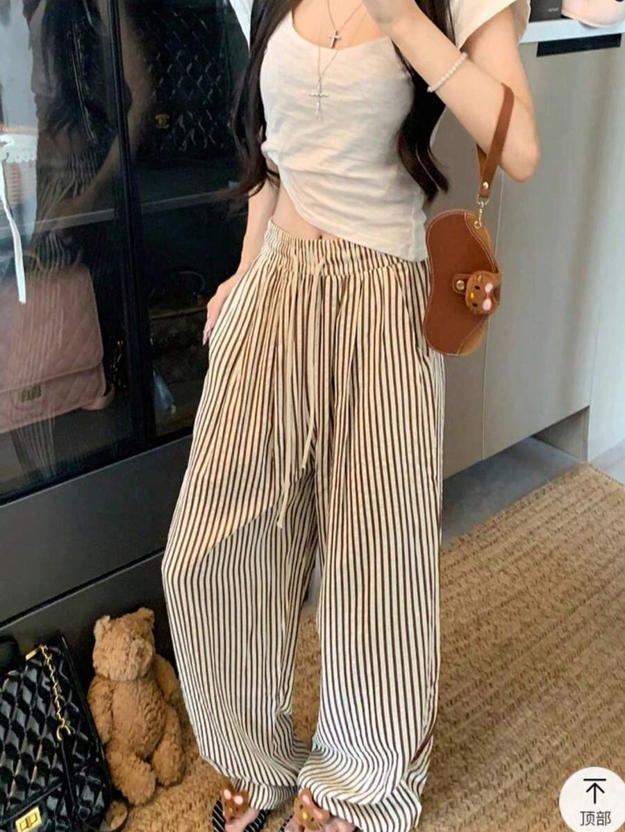 Wide Leg Striped Elastic Palazzo Pants With Pockets - Óxido marrón - Ver 1