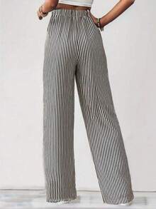 Wide Leg Striped Elastic Palazzo Pants With Pockets - Black - View 8