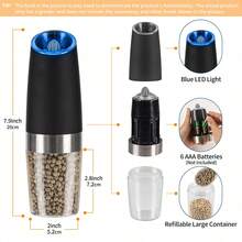 Juego de molinillos eléctricos de sal y pimienta 2025 nuevo, regalo de Halloween y Navidad, juego de molinillos eléctricos de sal y pimienta por gravedad, juego de frascos eléctricos de sal y pimienta, molinillo eléctrico de pimienta y sal, a pilas, molinillo de pimienta negra con grado de molienda ajustable, molienda automática, adecuado para barbacoa, restaurante, cocina, para pimienta blanca, pimienta negra, sal marina, comino con grado de molienda ajustable, herramienta de molienda de cocina con luz LED, adecuada para uso doméstico