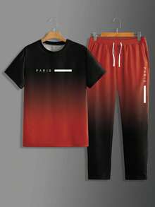 2pcs/Set Men's Premium Soft & Comfortable Ombre Casual Round Neck Short Sleeve Top And Jogger Pants Set, Popular Outfit