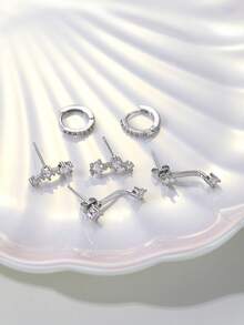 6 件铜方晶锆石耳环套装，适合女士、情侣、姐妹、度假、约会、日常佩戴 - 銀色 - 查看 4