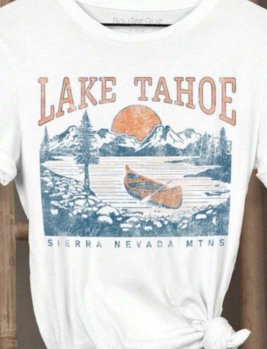 Cotton Jersey Relaxed Fit LAKE TAHOE Retro California Adventure Comfortable Short Sleeve Women T Shirt Tee - 白色 - 查看 1