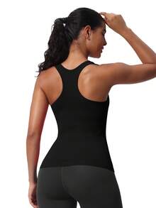 Seamless Workout Tank Top For Women With Built In Bra, Padded Racerback Athletic Yoga Camisole - Black - View 2