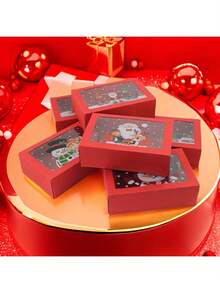 6pcs Christmas Cartoon Candy Packaging Boxes - Transparent Window Cookie Pastry Boxes, Red Holiday Gift Boxes, Christmas Gift Packaging Boxes - Multicolor - View 8