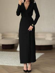 女士时尚V领长袖优雅奶油黄色纯色梭织连衣裙 - 黑色 - 查看 4