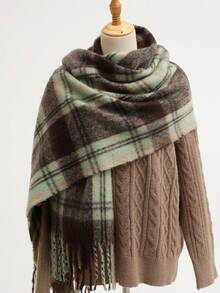 1pc Versatile Multi-Color Plaid Scarf, Warm And Casual, Suitable For Autumn/Winter For Dress - Maillard Green - View 2