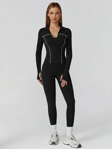 MASKERT 女士套装拼布外套女瑜伽服运动服健身服弹力拼布长裤紧身跑步服柔软舒适居家休闲 - 黑色 - 查看 6