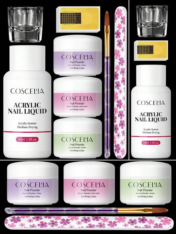 coscelia 8PCS Clear Pink Nude Acrylic Powder & EMA Liquid Monomer Set For Crystal Nails Extension Nail Supplies Kit For Women DIY Nail Art Salon Gift