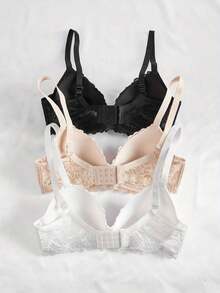 3Pcs Women's Lace Solids With Steel Ring Bra Push Up Bra, Everyday