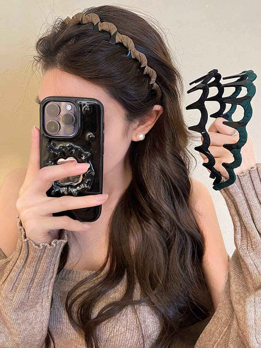 3 pezzi Fasce per capelli in tessuto con corona alta, colori nero/cachi/verde, con bordo dentellato antiscivolo da 5,11 pollici/13 cm, stile minimalista alla moda, carino, casual, elegante, retrò, adatto per uso quotidiano, trucco, bagno, pendolarismo, vacanza, scuola, festa, regalo, fascia per capelli