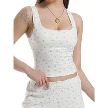 Camiseta de tirantes acanalada para mujer con acolchado, top de entrenamiento de cuello cuadrado, top corto ajustado, camiseta básica de tipo cami - Capullo de rosa de caléndula - Ver 4