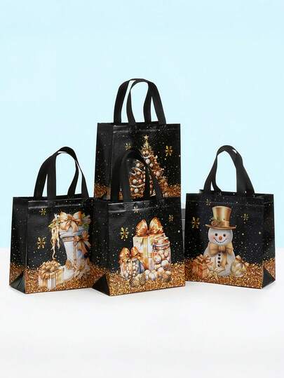 4pcs Black Christmas Tote Bags, 3D Laminated Non-Woven Fabric Bags, Waterproof Takeout Bags, Printed Shopping Bags