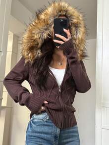 Y2K Casual Street Style Commuting Solid Color Zipper Hooded Patchwork Wool Collar Wool Cardigan Jacket, Suitable For Christmas & Autumn - Brown - View 1