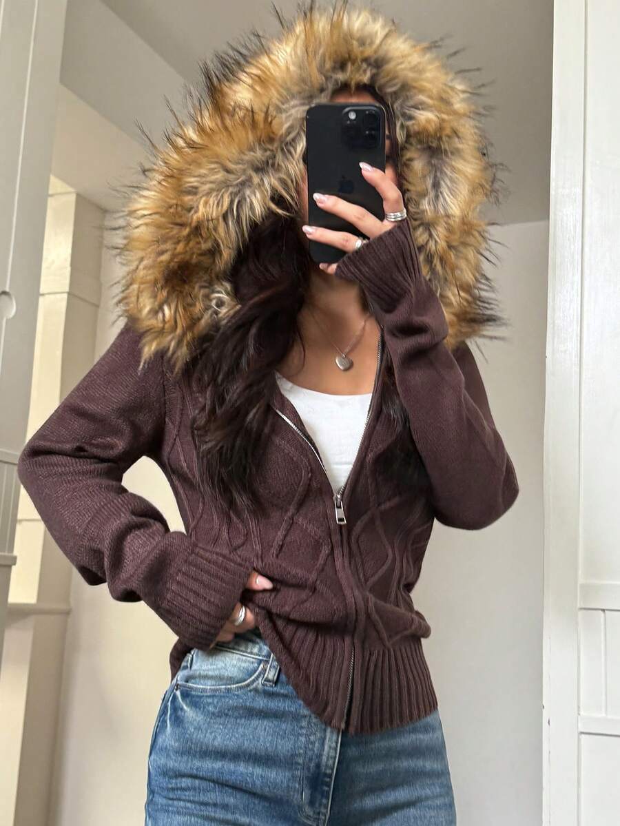 Y2K Casual Street Style Commuting Solid Color Zipper Hooded Patchwork Wool Collar Wool Cardigan Jacket, Suitable For Christmas & Autumn - Brown - View 1
