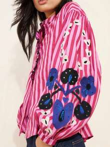 1 件女士休闲日常穿着、派对、花园、野餐、户外节日、海滩节日度假飘逸花卉印花荷叶边下摆开襟长袖衬衫，春夏秋季 - 紅色 - 查看 3