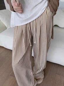 Wide Leg Striped Elastic Palazzo Pants With Pockets - Óxido marrón - Ver 6