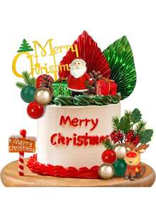 20pcs Christmas Cake Decorations, Merry Christmas Cake Toppers, Including Green And Red Faux Palm Leaf Fan And Gift Box Decorations, Mini Santa Claus And Reindeer, Red And Green Gold Foam Ball Cake Toppers, Suitable For Christmas Winter Holiday Cake Decorations, Christmas Themed Party Supplies, Babyshower Cake Decorations - Multicolor - View 1