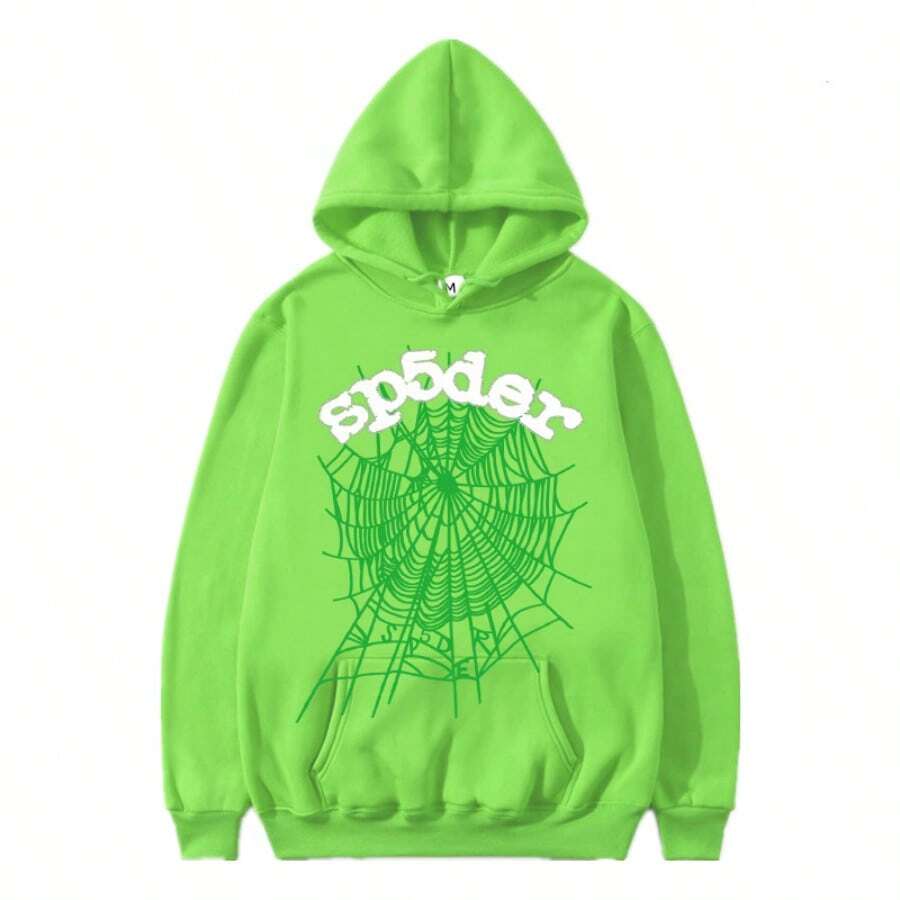 Fashion Street Hooded Set - Playful Star And Letter Print, Loose Casual Design, Preferred Two - Piece For Daily Sports And Streetwear Spring/Fall Regular Fit Drawstring Pocket - Green Sweatshirt - View 1
