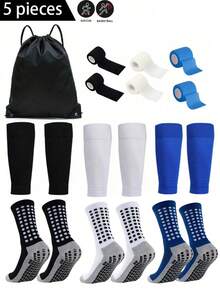 5pcs/Set Football Gear Set, Including Waterproof Drawstring Bag, Anti-Slip Football Socks, Leg Sleeves, Self-Adhesive Sports Bandage, High Leg Sleeves For Youth Sports Training