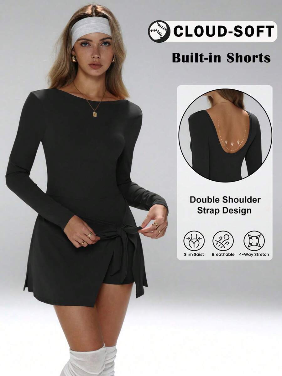 FWH Women's Sports Dress, With A Round Neck And Long Sleeves, A Tie Bow Detail At The Waist, A Slim Fit, Elastic Waistband And A-Line Silhouette, Highlighting The Waist While Shaping The Hips, Moderate Functionality, And Versatile Wear, Seamlessly Transitioning From Professional Settings To Yoga Classes, Black Spring - màu đen - Xem 1