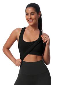 Seamless Workout Tank Top For Women With Built In Bra, Padded Racerback Athletic Yoga Camisole - Black - View 3