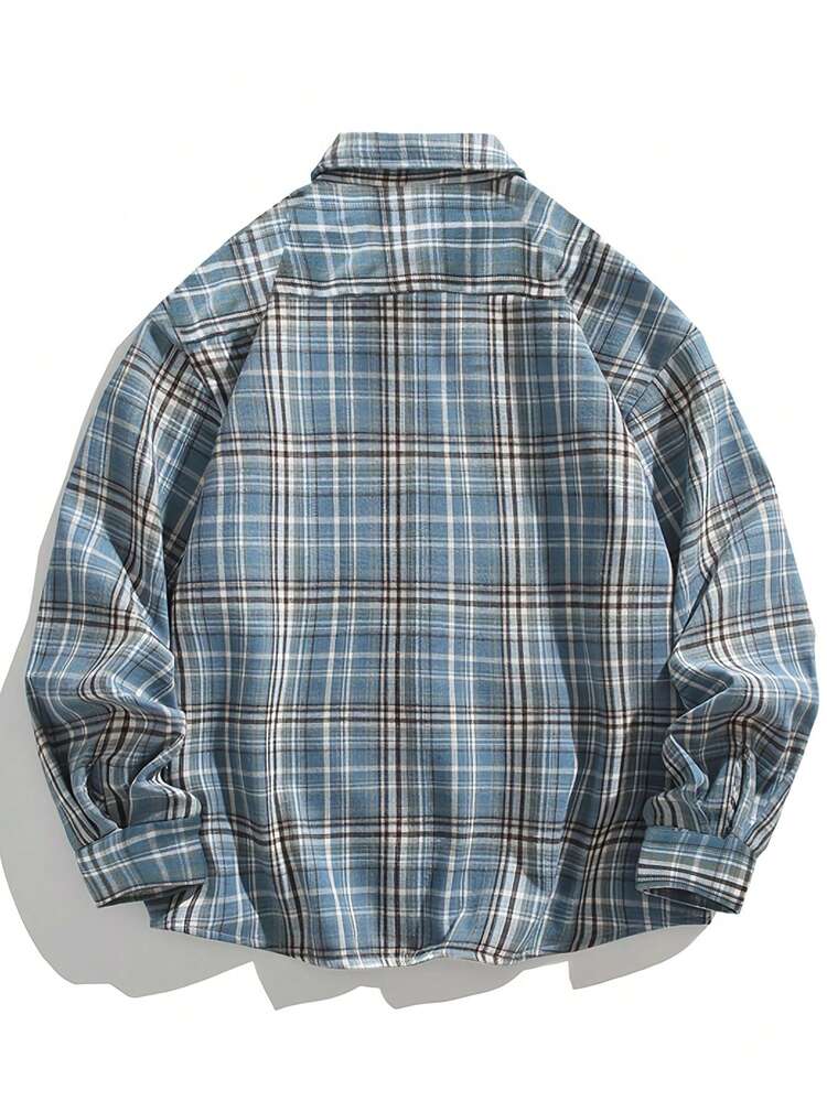 Men Soft & Comfortable Casual Blue & Brown Plaid Long Sleeve Collared Shirt, Spring/Autumn, Fall - Multicolor - View 6