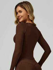 Women's Long-Sleeved Cropped T-Shirt, Tight-Fitting One-Piece Long Pants, Women's Yoga One-Piece Suit, Exercise Long-Sleeved Sports One-Piece Pants, Quick-Drying And High-Elasticity - 咖啡棕 - 查看 4