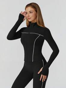 MASKERT 女士套装拼布外套女瑜伽服运动服健身服弹力拼布长裤紧身跑步服柔软舒适居家休闲 - 黑色 - 查看 5