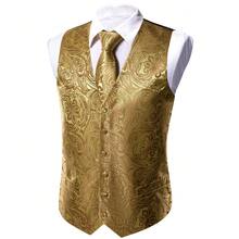 Plus Size Mens Waistcoat Gold Floral Vest Tuxedo Gilet Tie Pocket Square Cufflinks Set Wedding Formal Casual Business Party - 金色 - 查看 3